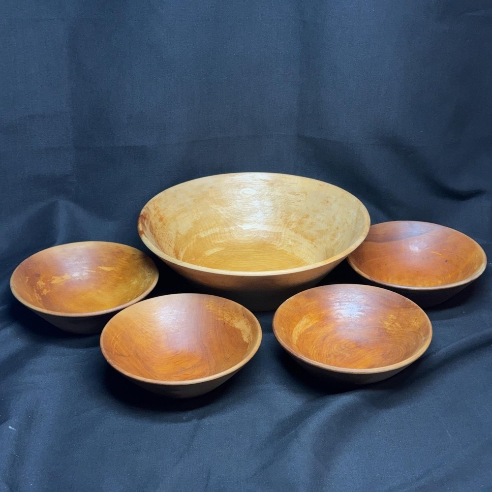 Unmarked Wooden Salad Bowl Set 5pc Round Serving Nesting Brown Dining Table